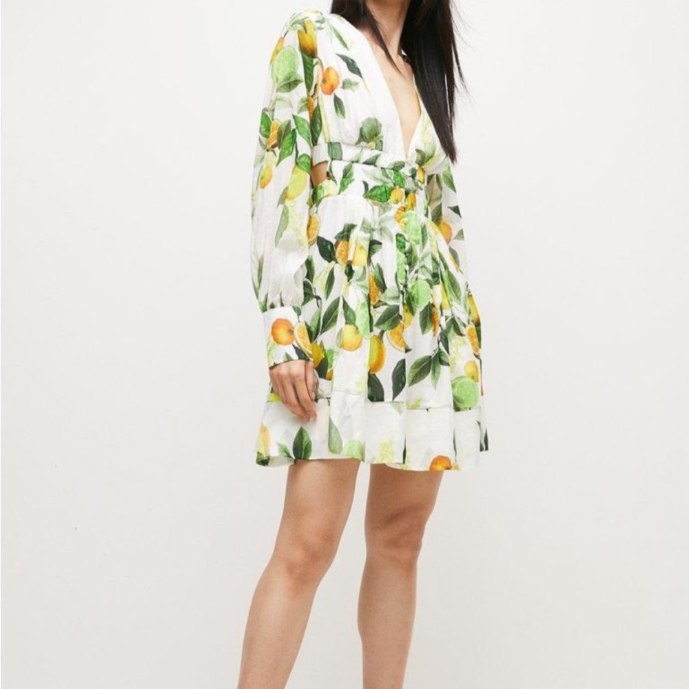 Karen Millen White Mini Dress with Yellow & Green Citrus Print
